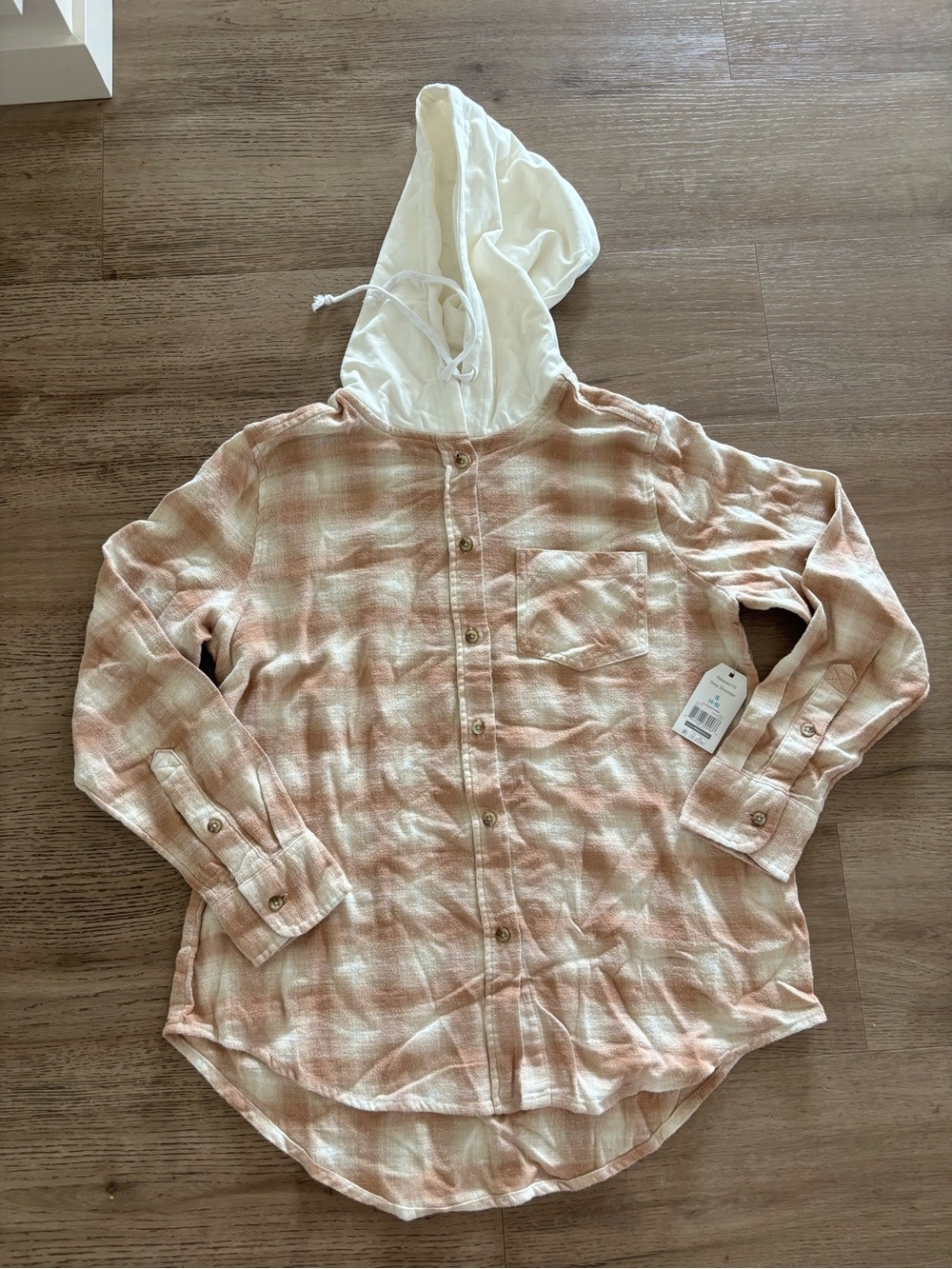 Time and True small cream beige button up hooded flannel NWT